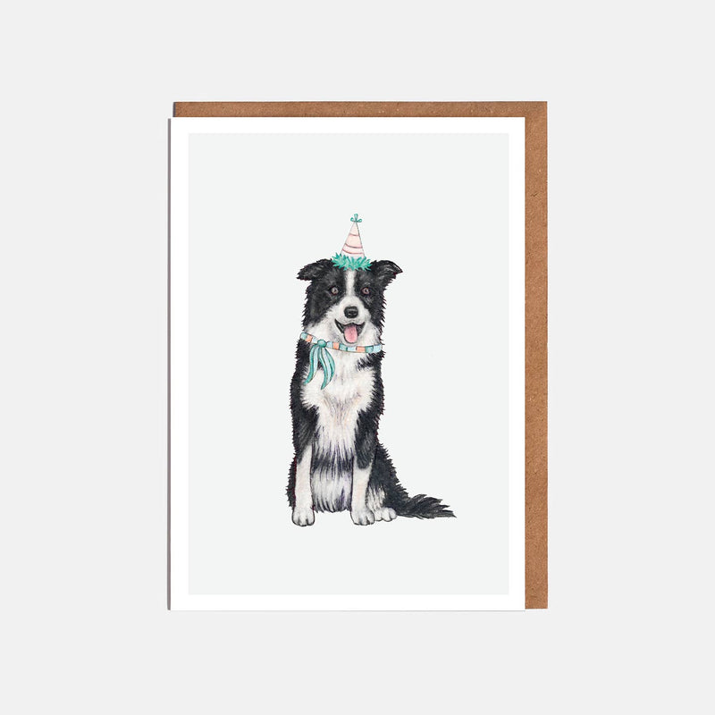 Border Collie & Party Hat Dog Card - Blank or Birthday