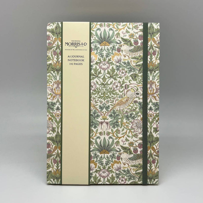 Notebook with floral pattern and Morris & Co branding on a gray background