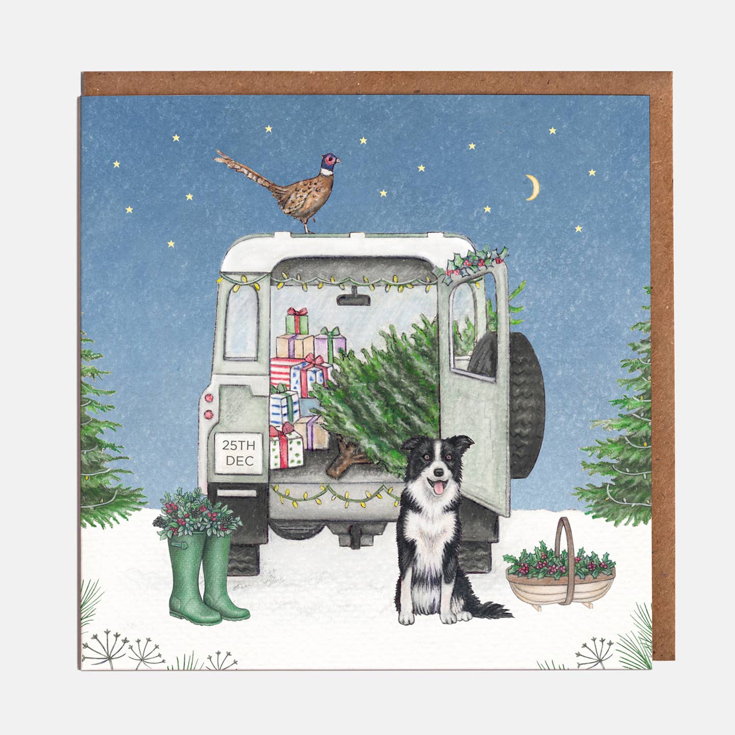 Landrover & Collie Dog Christmas Card