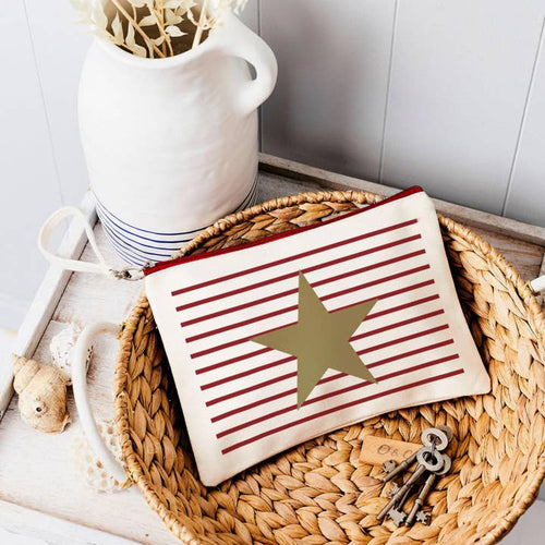 Red Stripe with Gold Star Canvas Pouch