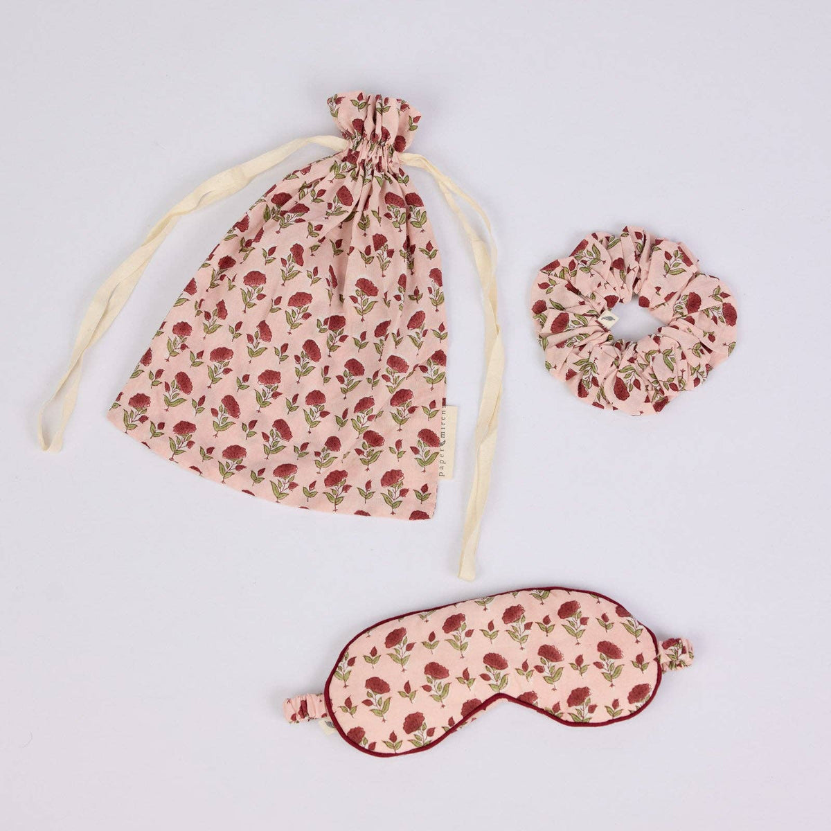 Block Printed Eye Mask & Scrunchie Set - Ditsy Floral Scarlet
