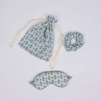 Block Printed Eye Mask & Scrunchie Set - Ditsy Floral Blue Stone