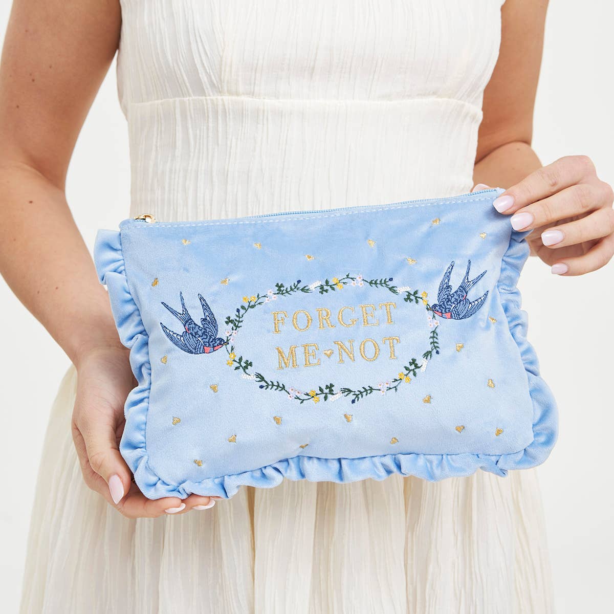 Forget Me Not Blue Velvet Embroidered Pouch