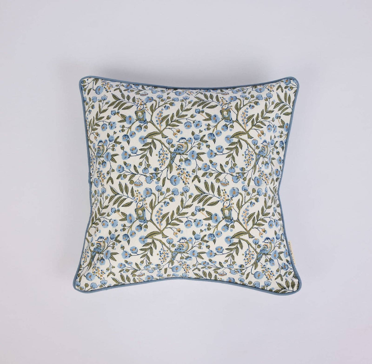 Block Printed Cushion Cover - Songbird Blue Stone