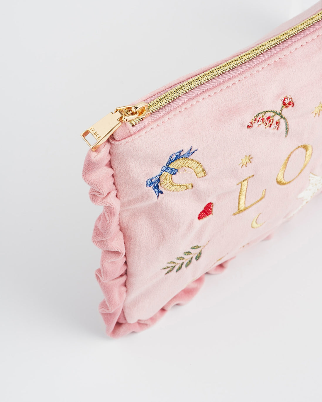 Fable England - Love Scatter Pink Velvet Embroidered Pouch