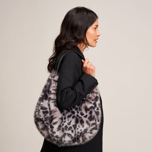 Luxury Slouch Furry Bag ~ Silver Leopard