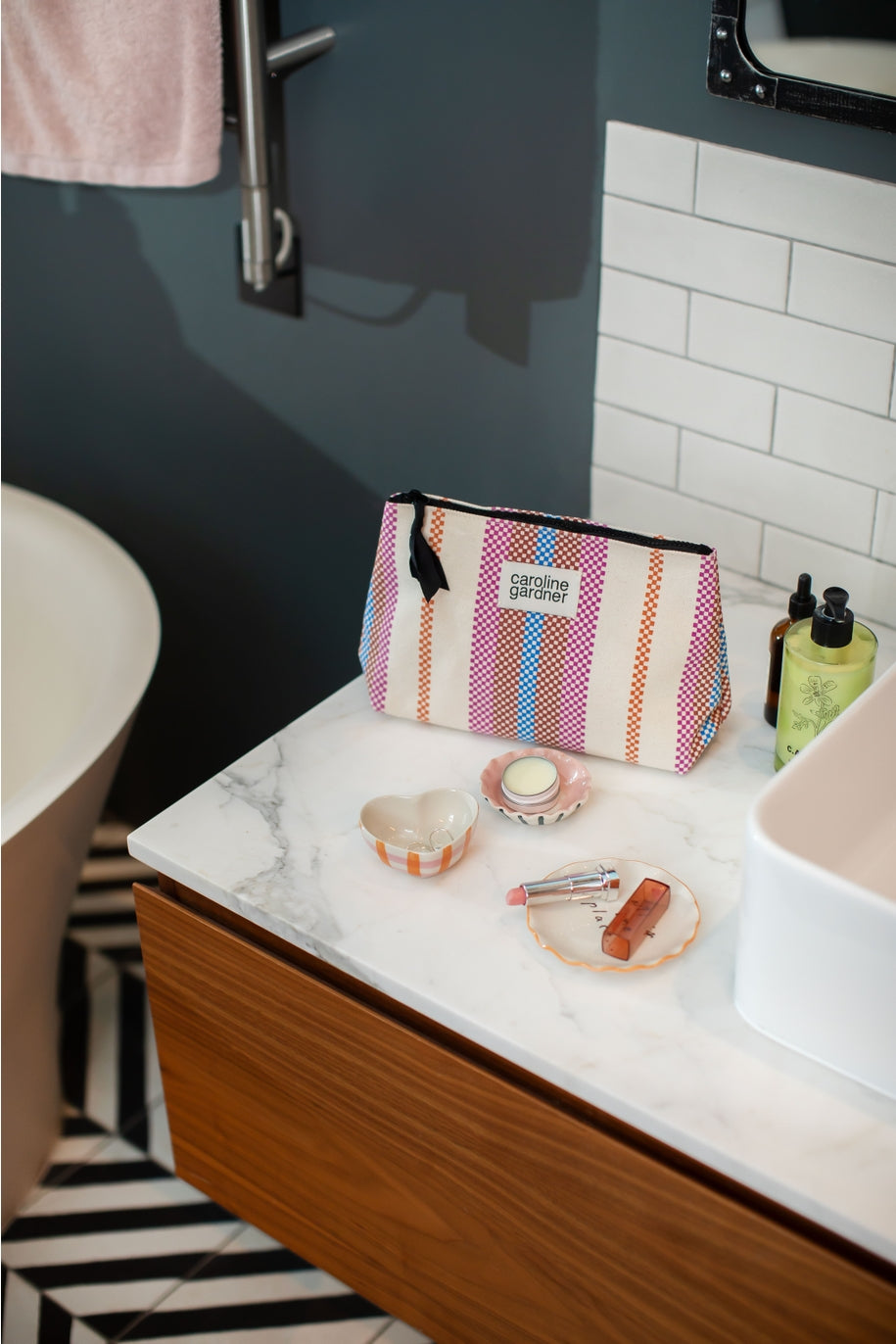 Check Stripe Printed Canvas Beauty Bag