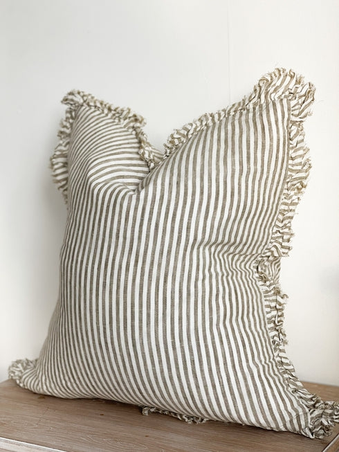 Hallie Ruffled Linen Cushion Cover – Olive Stripe