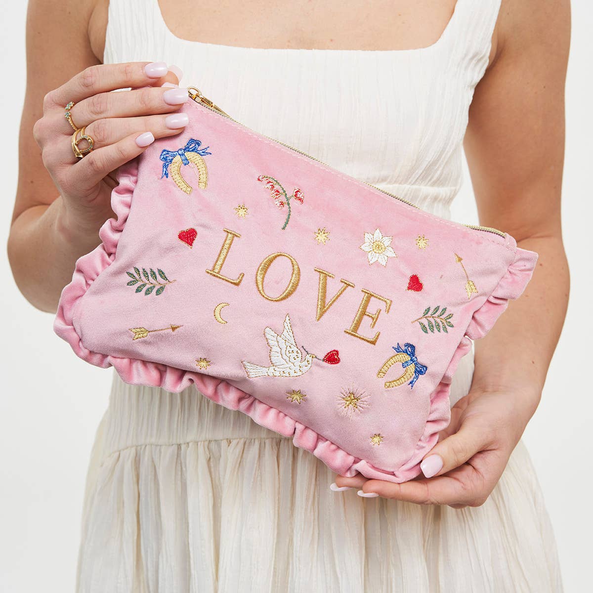 Love Scatter Pink Velvet Embroidered Cosmetic Pouch