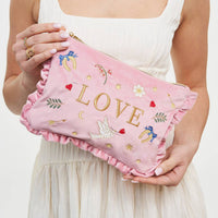 Love Scatter Pink Velvet Embroidered Cosmetic Pouch