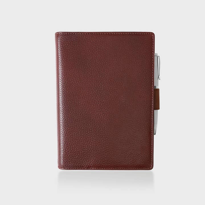 Pebble Grain Leather Notebook - Cherry / Tan