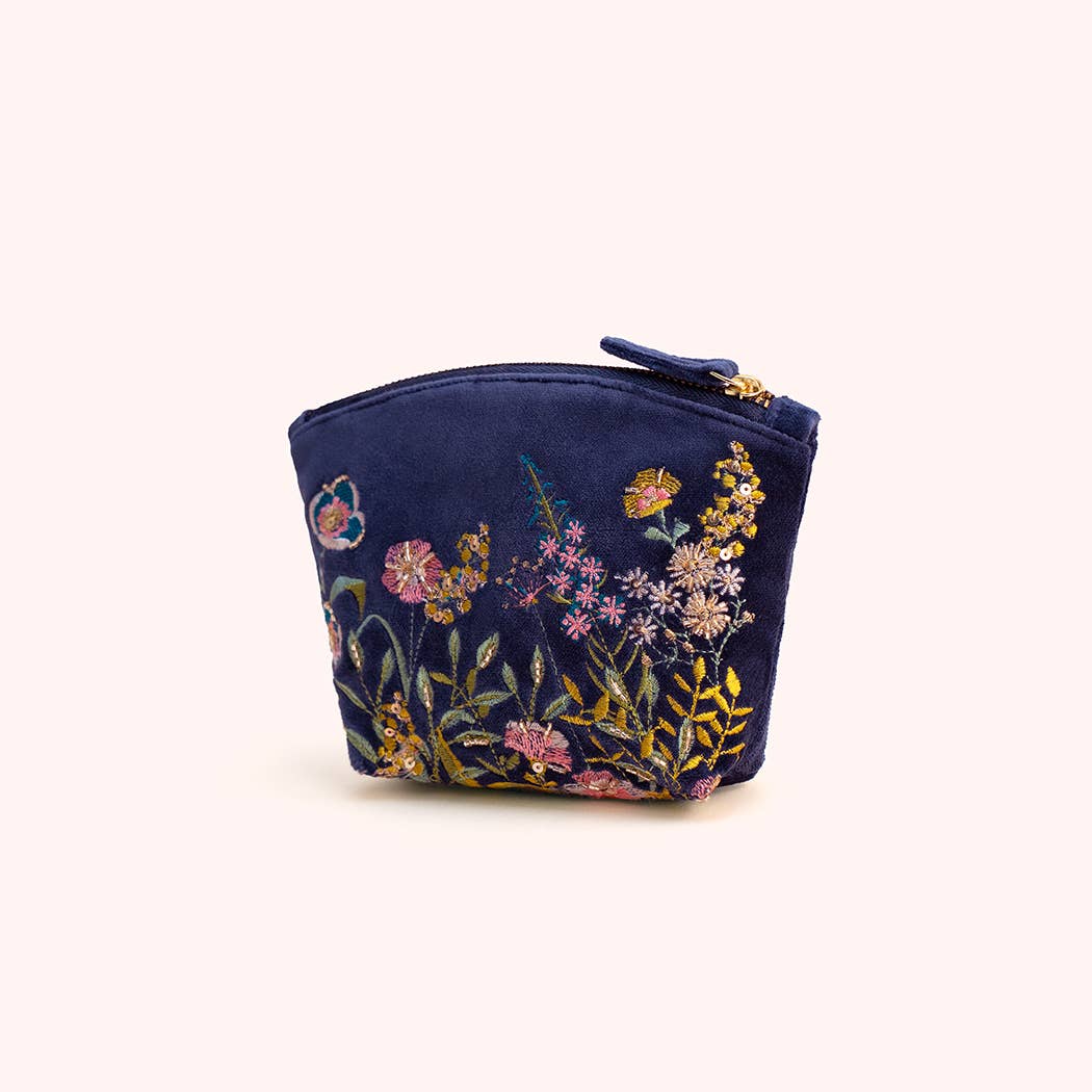 Embroidered Velvet Mini Pouch - Navy Floral Hedgerow