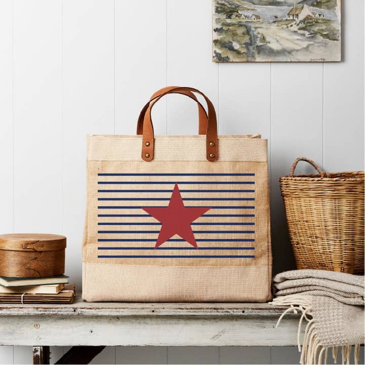 Navy Stripes with Red Star Market Tote Bag
