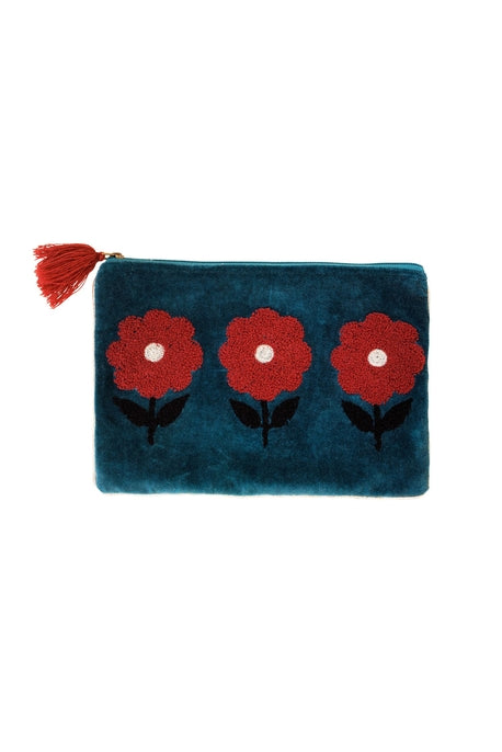 Velvet Triple Flower Pouch in Navy