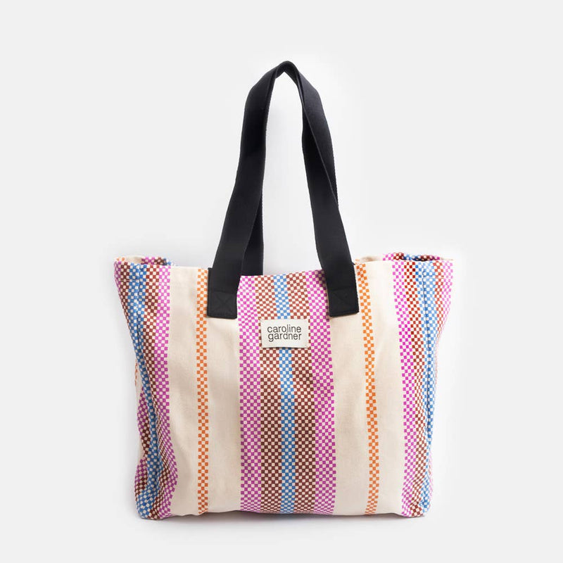 Check Stripe Printed Canvas Large Tote Bag