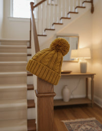 Cable Knit Pom Pom Beanie Unisex Hat ~ Mustard