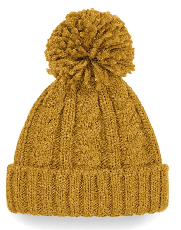 Cable Knit Pom Pom Beanie Unisex Hat ~ Mustard