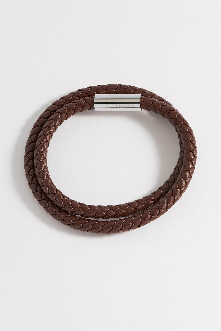 Men’s Leather Double Plaited Wrap Bracelet - Stainless Steel | Brown