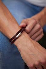 Men’s Leather Double Plaited Wrap Bracelet - Stainless Steel | Brown