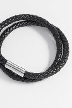 Men’s Leather Double Plaited Wrap Bracelet - Stainless Steel | Black