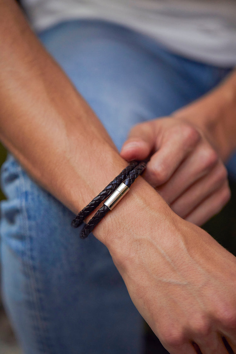 Men’s Leather Double Plaited Wrap Bracelet - Stainless Steel | Black