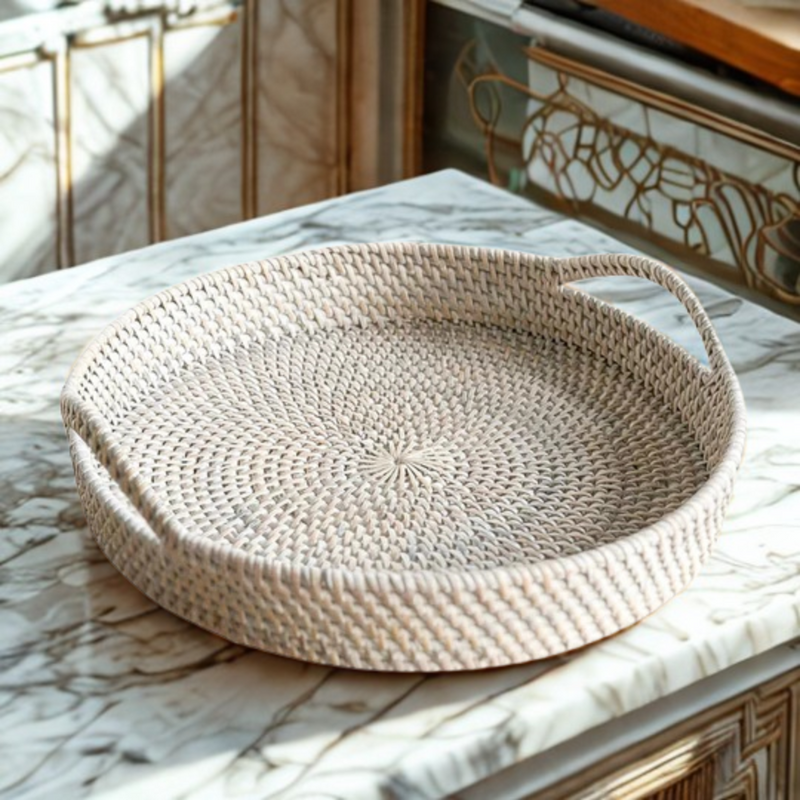Round Whitewash Rattan Tray with high handles