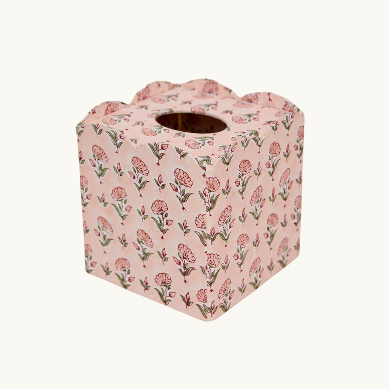 Block Printed Tissue Box - Trellis Indigo and  Wild Rose Buttercream