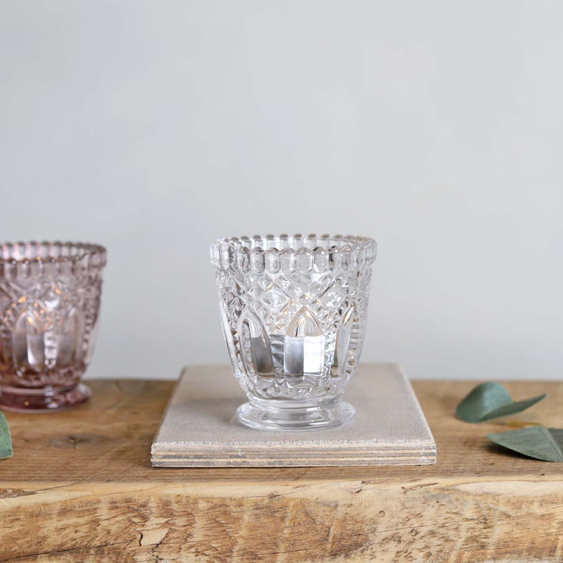 Pressed Tealight Holder in Clear, Rose Pink or Blue