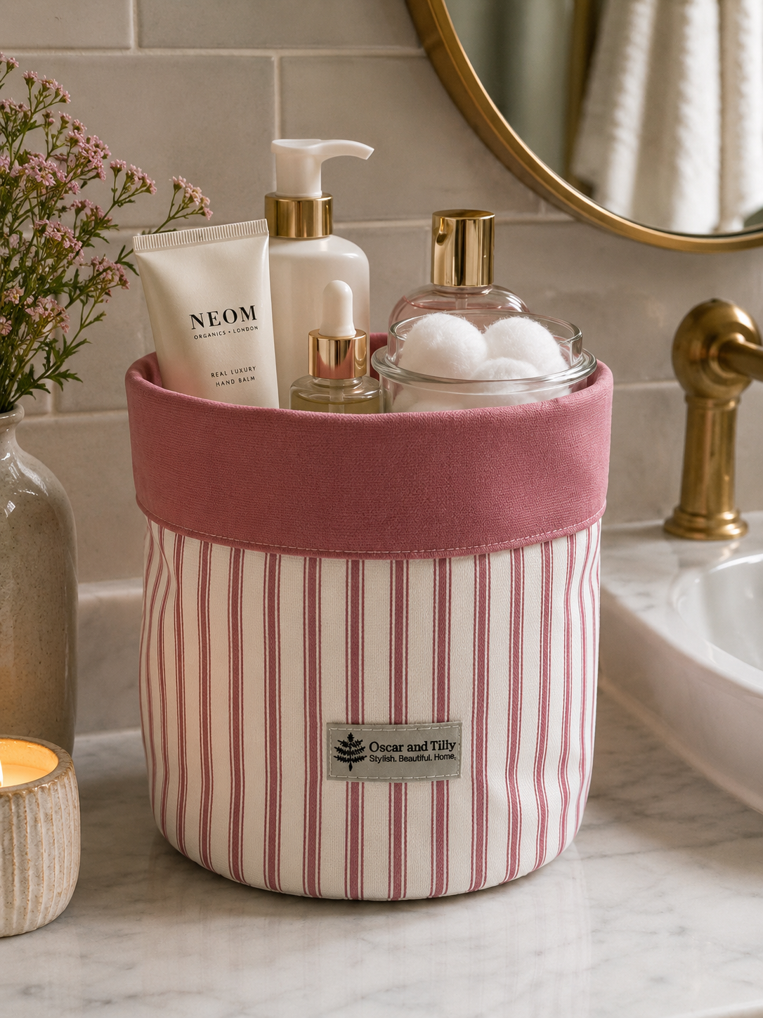 Ticking Stripe Pot/Storage Bags - Chateau Rose and Shale Green
