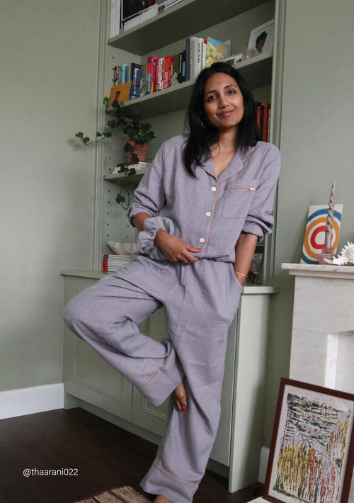 Cotton Oversized Pyjamas in Blue Houndstooth