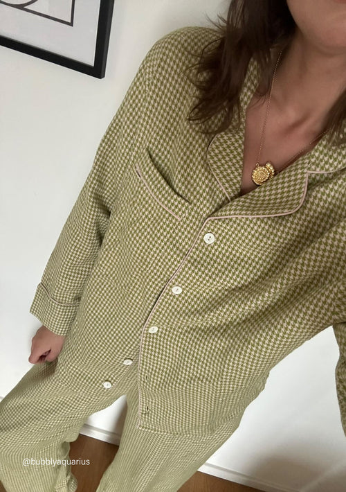 Cotton Oversized Pyjamas in Olive Houndstooth