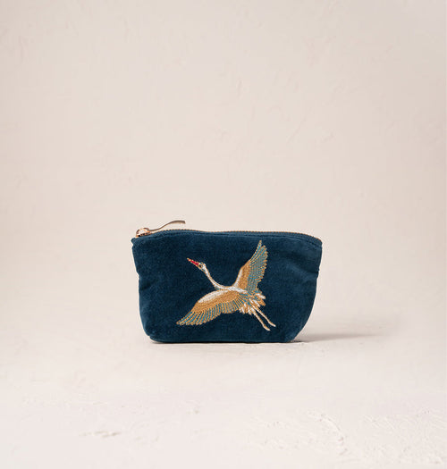 Cranes Ink Blue Velvet Coin Purse