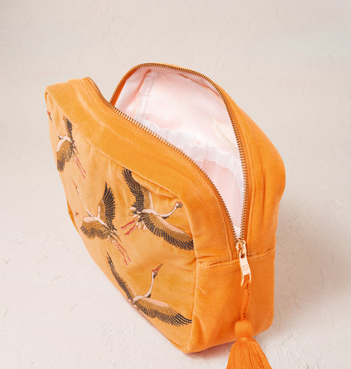 Cranes Orange Velvet Wash Bag