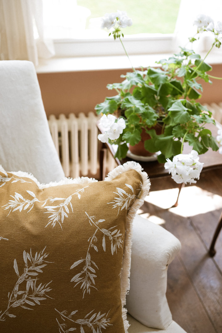 Olive Grove Print Cushion Covers Mustard and Cinnamon