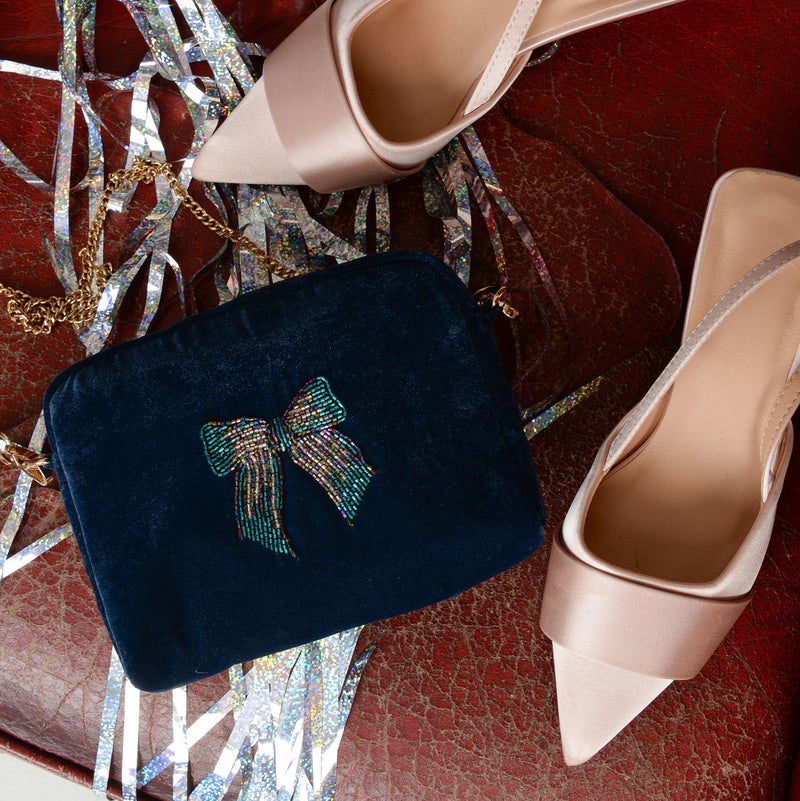 Navy & Silver Velvet Crossbody Bag with Blue Bow