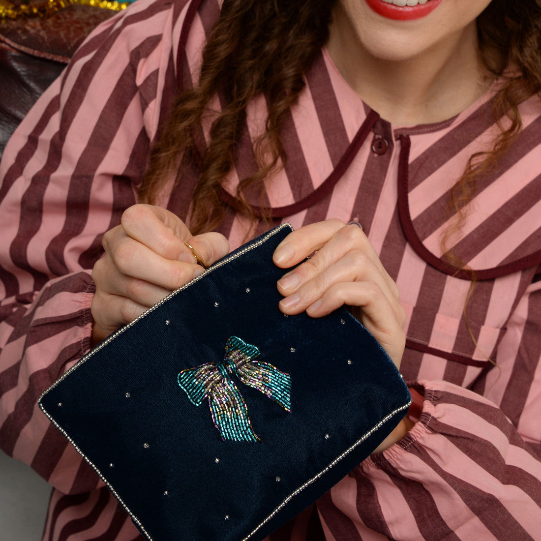 Silver & Blue Pouch with Bow ~ Medium