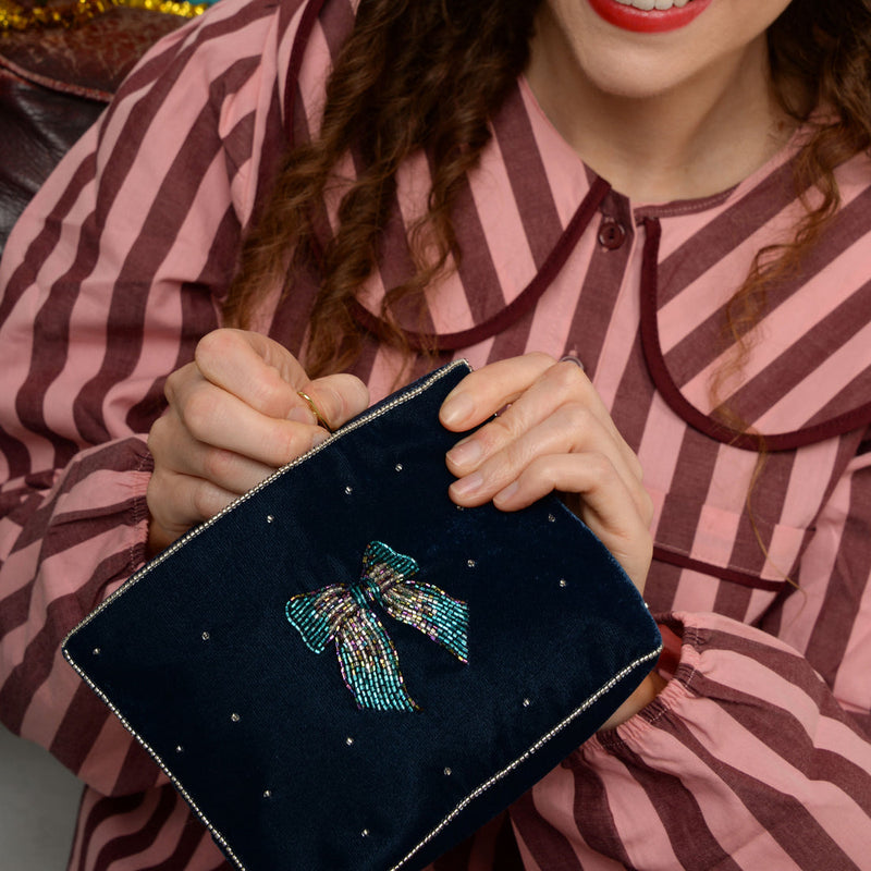 Silver & Blue Pouch with Bow ~ Medium