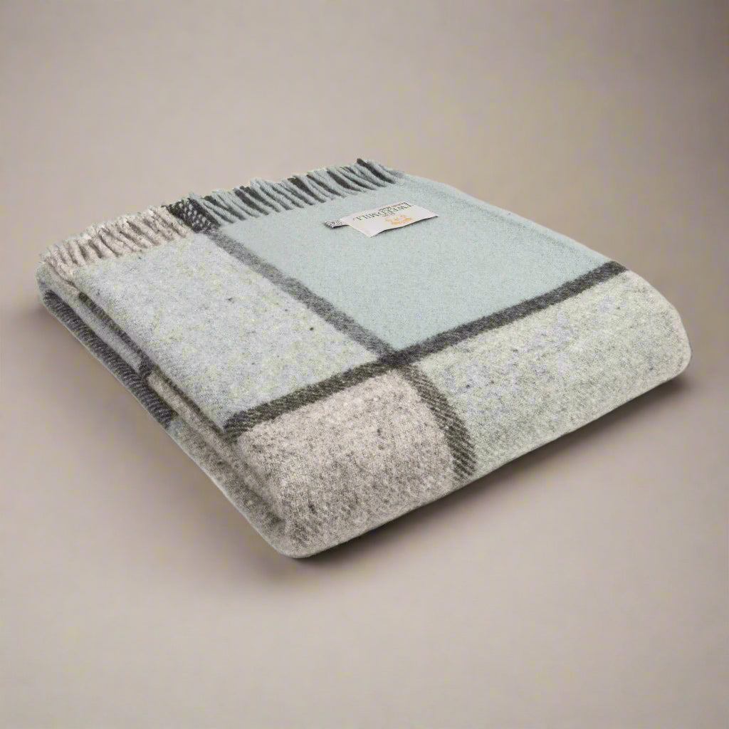 Multi Check Duck Egg Blue & Charcoal Pure New Wool Throw