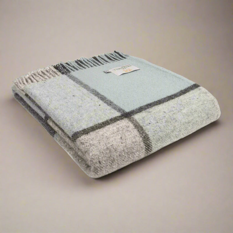 Multi Check Duck Egg Blue & Charcoal Pure New Wool Throw
