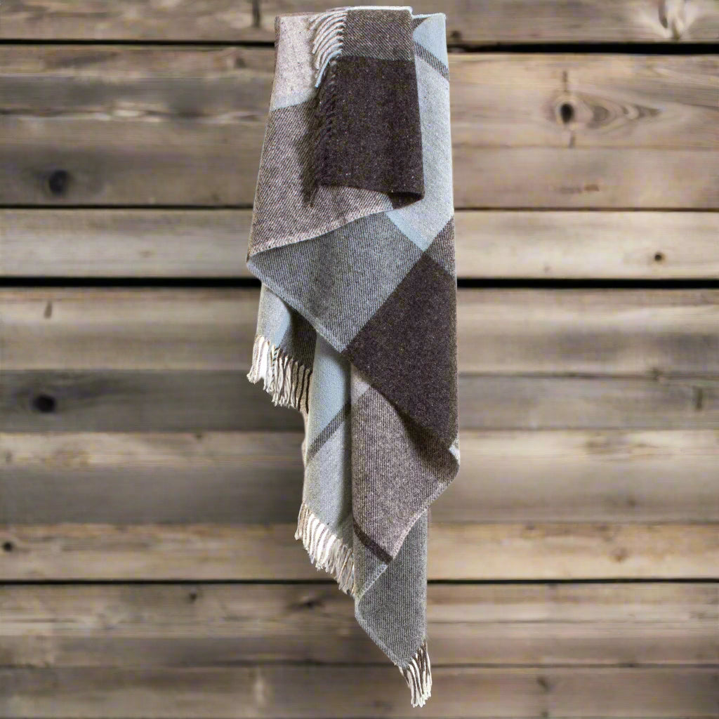 Multi Check Duck Egg Blue & Charcoal Pure New Wool Throw
