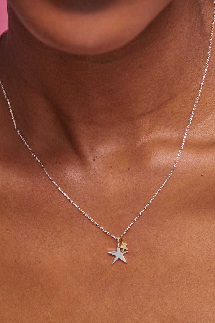 Double Hand Drawn Star Necklace - Silver Plated