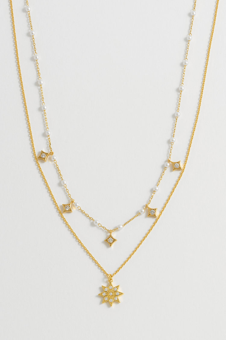 Pearl And Star Double Chain Necklace - Gold Plated