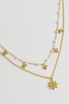 Pearl And Star Double Chain Necklace - Gold Plated