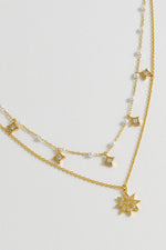 Pearl And Star Double Chain Necklace - Gold Plated