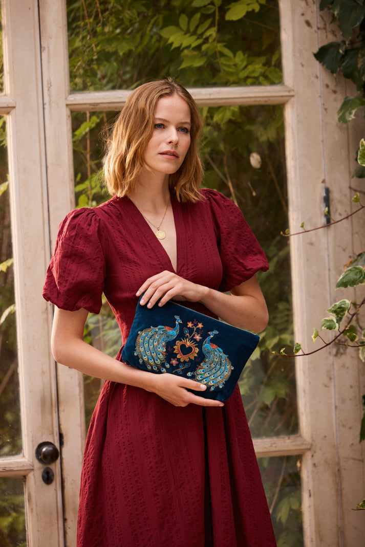 Peacock Floral Ink Blue Velvet Everyday Pouch