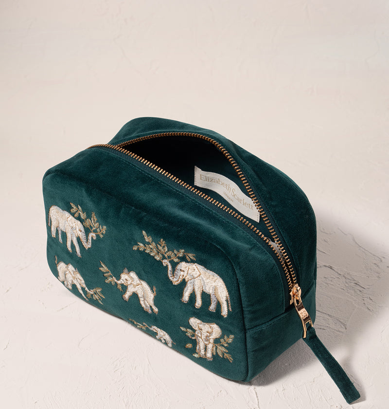 Elephant Herd Emerald Velvet Makeup Bag