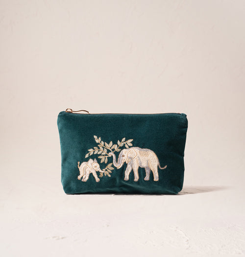 Elephant Herd Emerald Velvet Mini Pouch