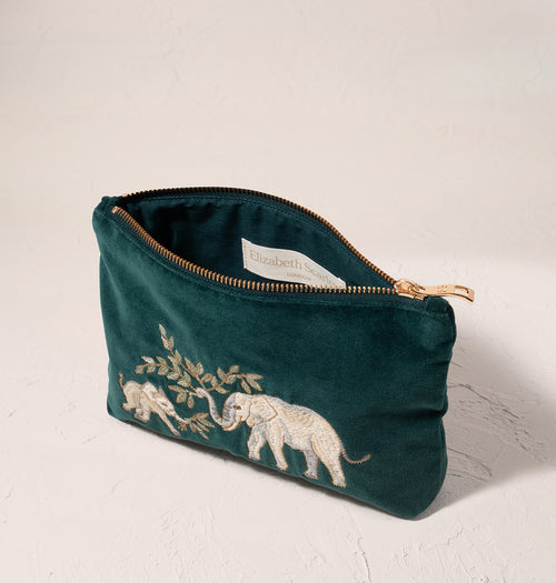 Elephant Herd Emerald Velvet Mini Pouch