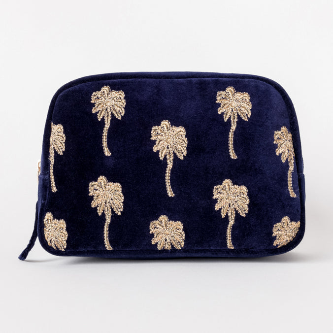 Gold Palm Navy Velvet Cosmetics Bag