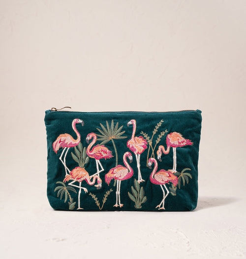 New Flamingos Emerald Velvet Everyday Pouch